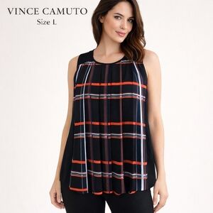 Vince Camuto Women's Sleeveless Pleated Blouse Black Plaid Polyester Size L